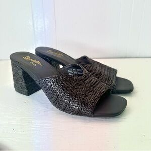 Seychelles Black Woven Raffia Block Heel Mules Sandals Square Toe Slides Size 8